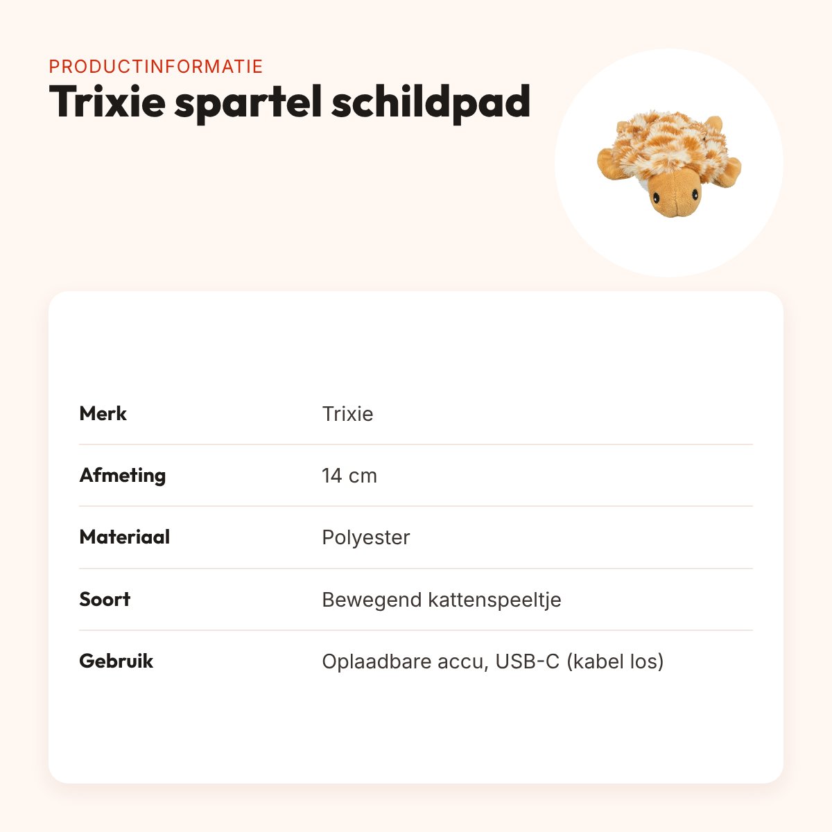 Trixie spartel schildpad pluche 14 cm – oplaadbaar kattenspeeltje – productinformatie