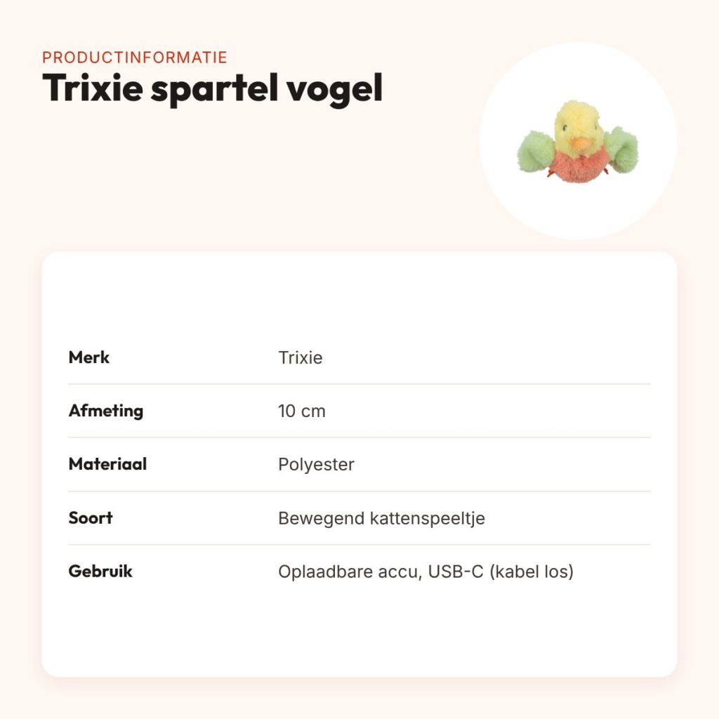Trixie spartel vogel pluche 10 cm – oplaadbaar kattenspeeltje – productinformatie