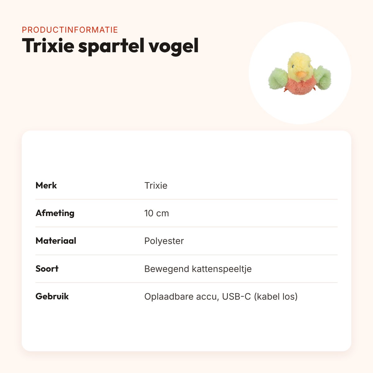 Trixie spartel vogel pluche 10 cm – oplaadbaar kattenspeeltje – productinformatie
