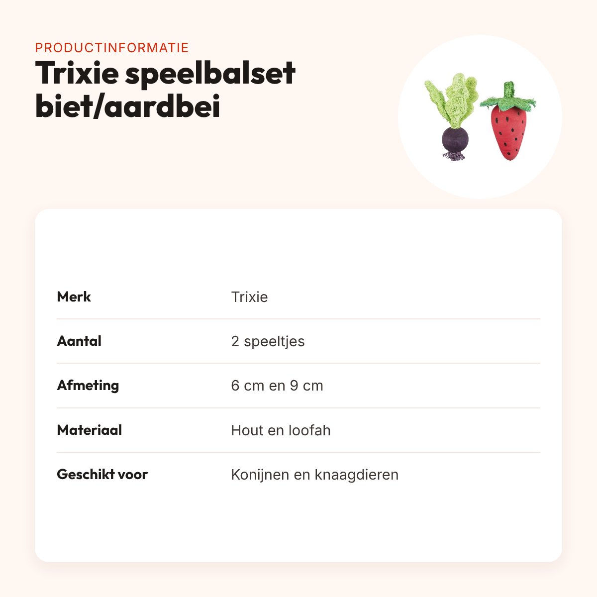 Trixie speelbalset biet en aardbei van hout en loofah 6 en 9 cm – productinformatie