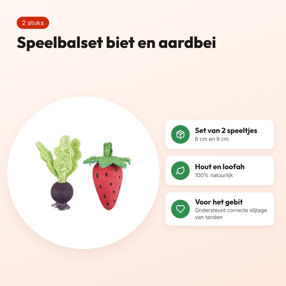 Trixie speelbalset biet en aardbei van hout en loofah 6 en 9 cm – voordelen