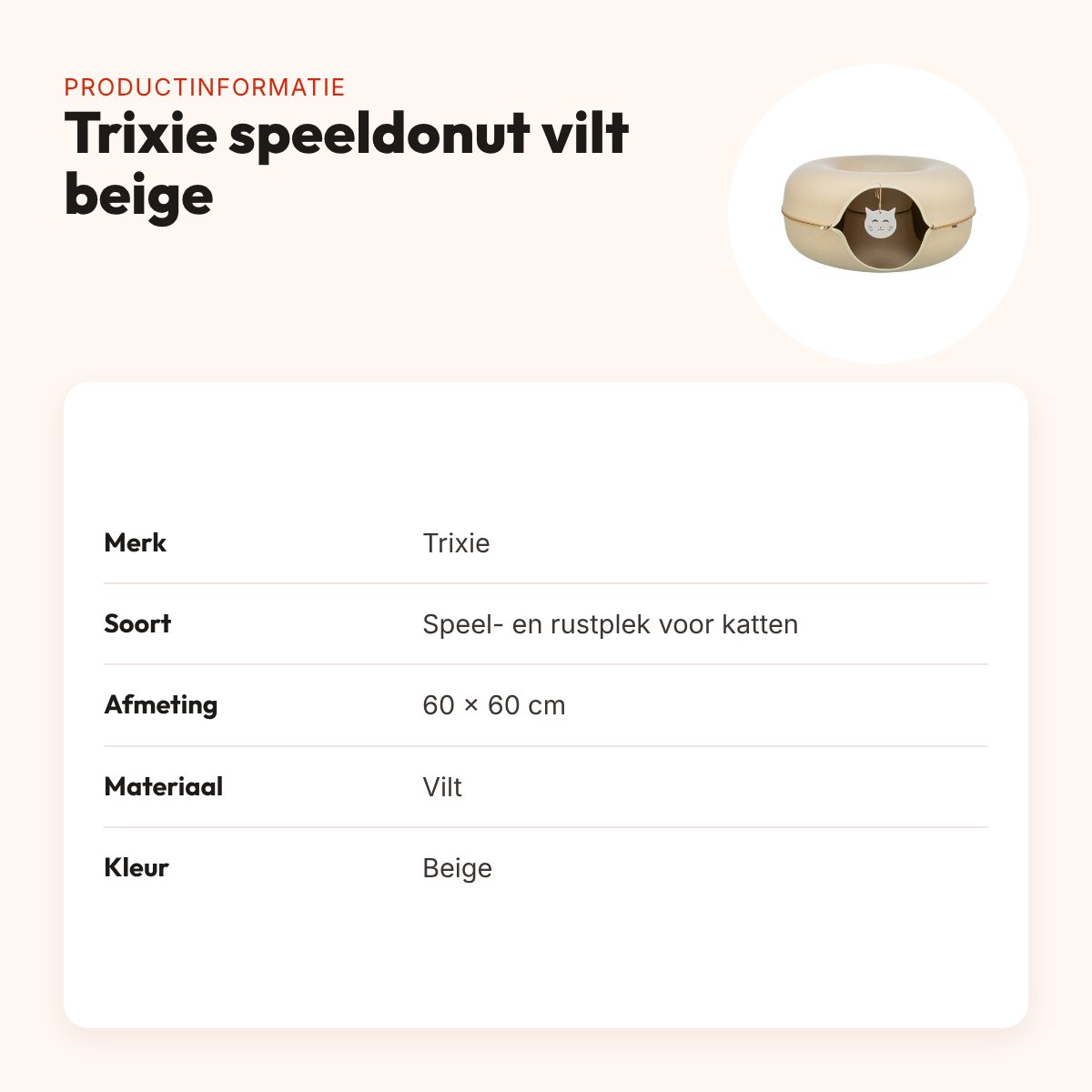 Trixie speeldonut vilt beige 60 x 60 cm – speel- en rustplek voor katten – productinformatie