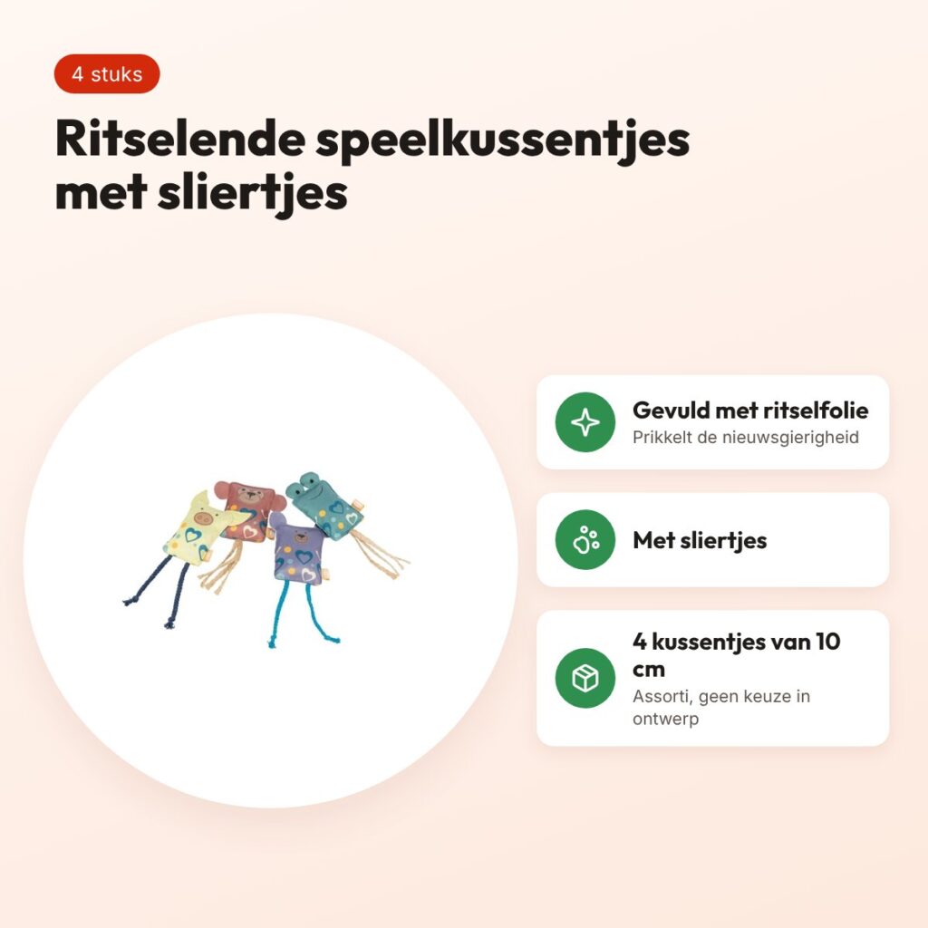 Trixie speelkussen kattenspeeltje stof assorti 10 cm – 4 stuks – voordelen