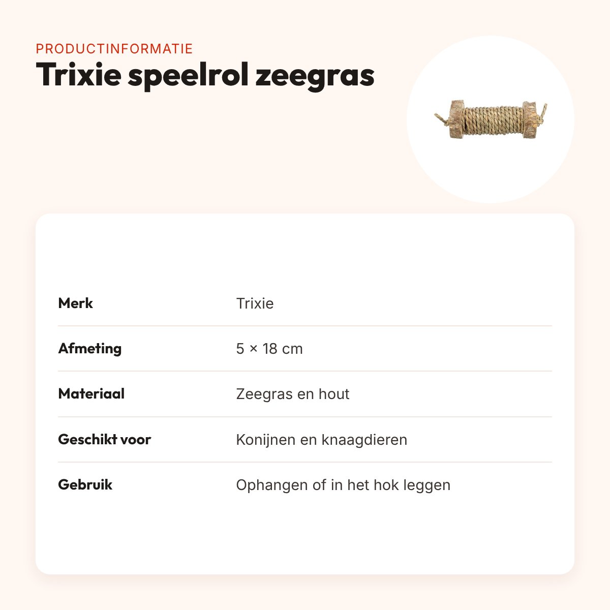 Trixie speelrol van zeegras en hout 5 x 18 cm – voor knaagdieren – productinformatie