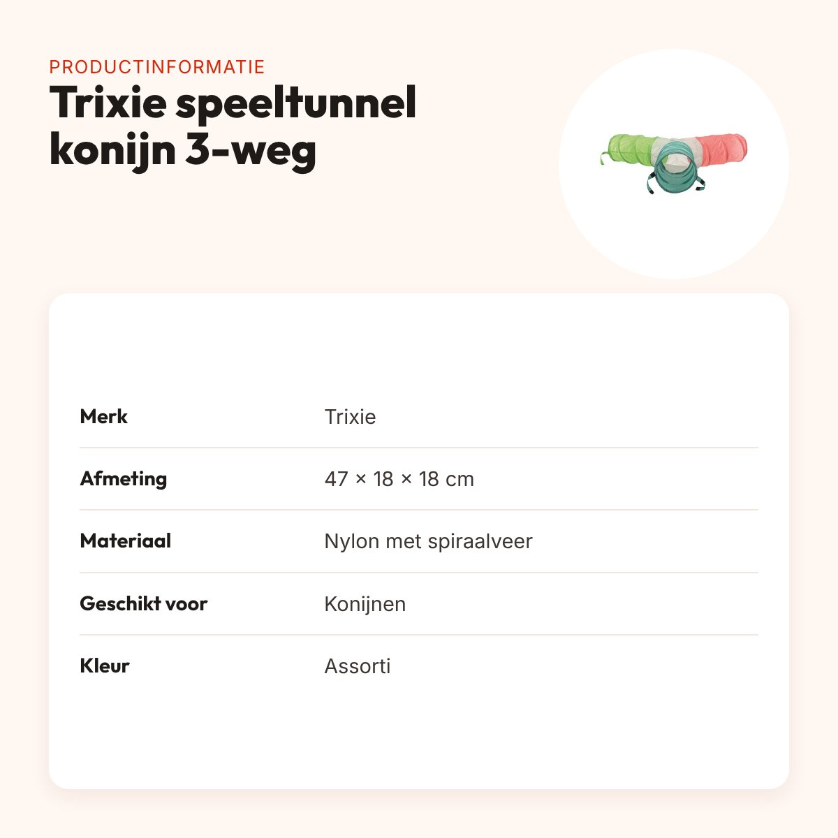 Trixie speeltunnel konijn 3-weg 47 cm – vormvast, assorti kleur – productinformatie
