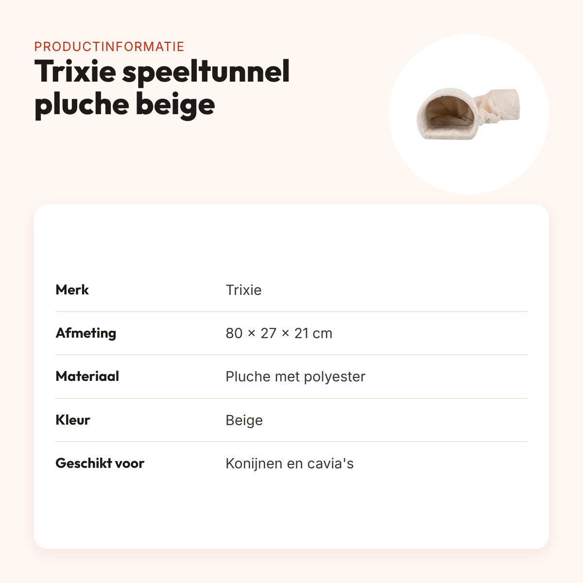 Trixie speeltunnel pluche beige 80 x 27 x 21 cm – konijn en cavia – productinformatie