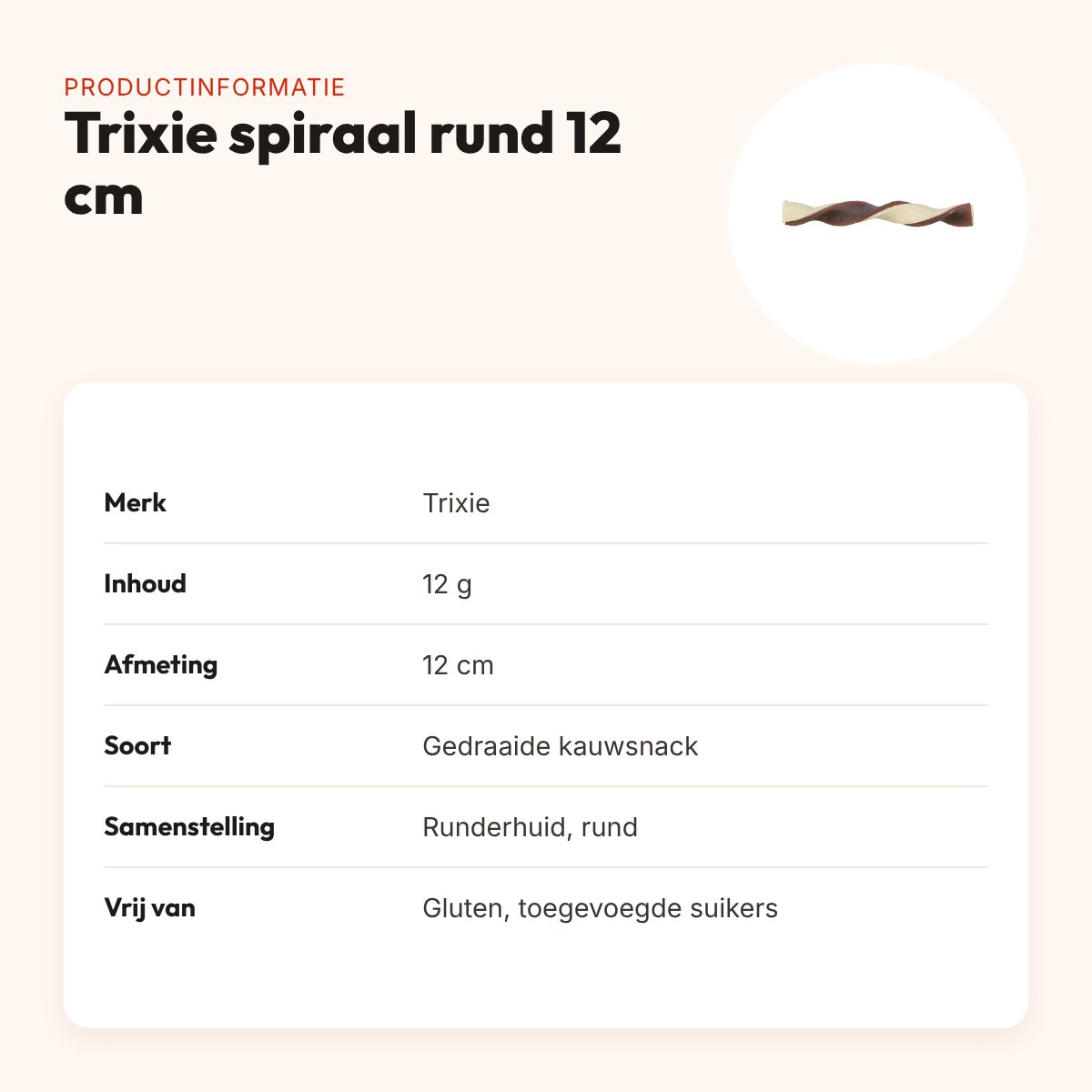 Trixie spiraal kauwsnack rund 12 cm – glutenvrij, 12 g – productinformatie