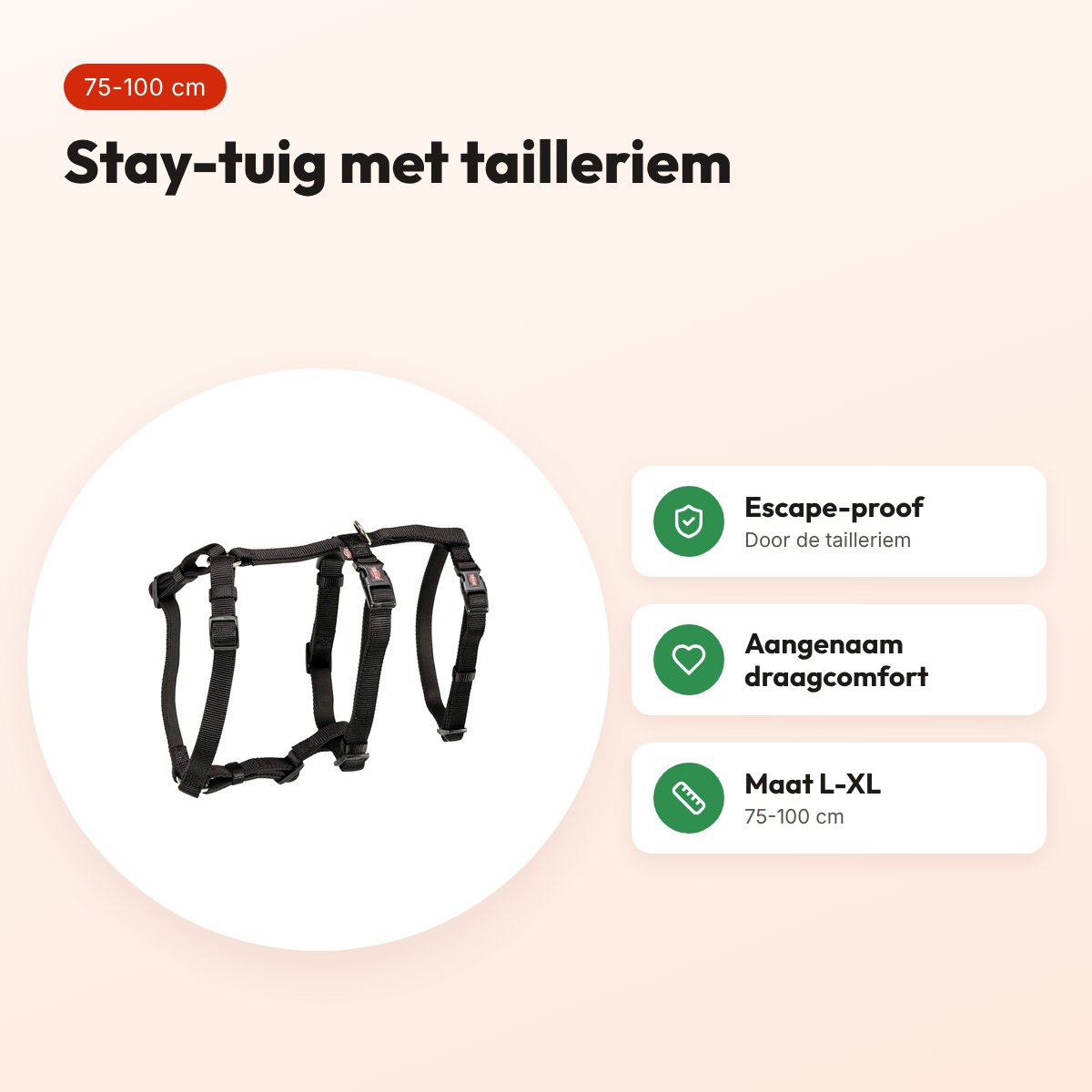 Trixie stay-tuig zwart L-XL 75-100 cm – met tailleriem – voordelen