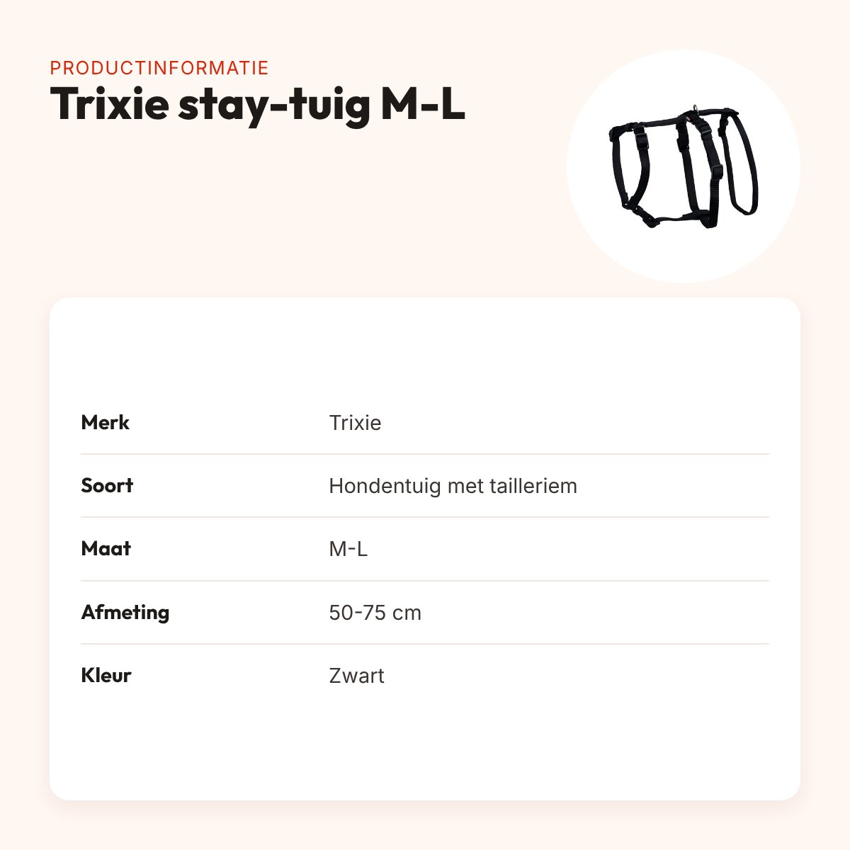 Trixie stay-tuig zwart M-L 50-75 cm – met tailleriem – productinformatie
