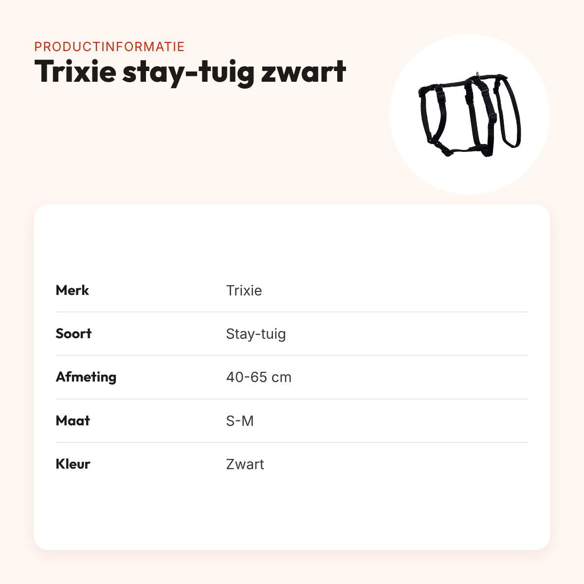 Trixie stay-tuig zwart S-M 40-65 cm – met tailleriem – productinformatie