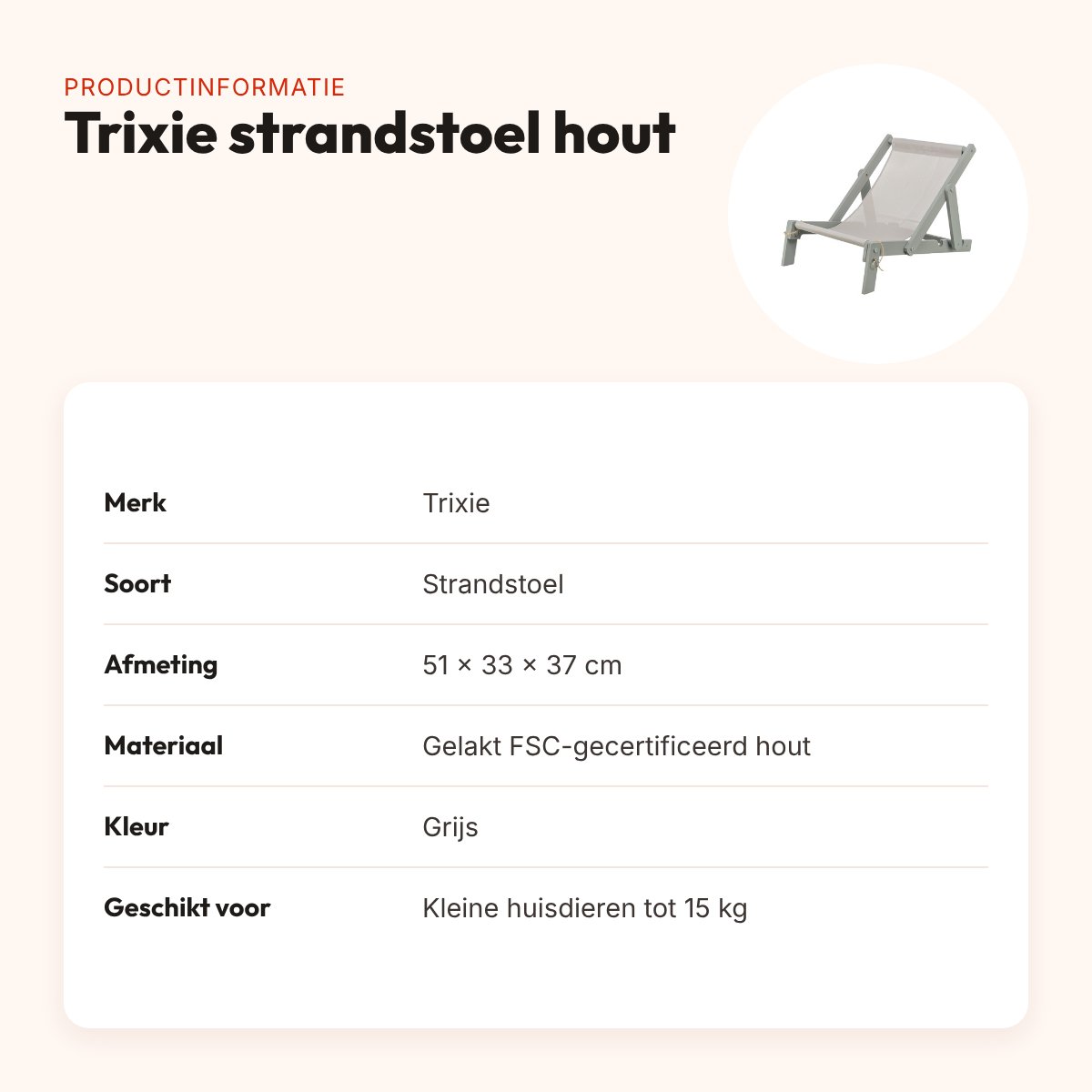 Trixie strandstoel hout grijs 51 x 33 x 37 cm – voor kleine huisdieren – productinformatie