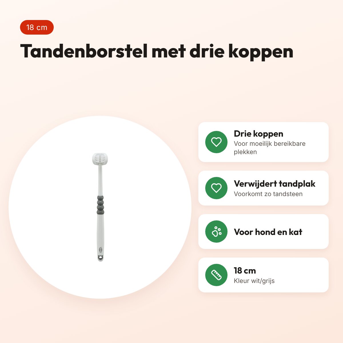 Trixie tandenborstel 3 koppen 18 cm wit/grijs – voor hond en kat – voordelen