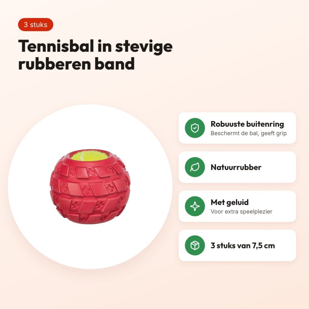 Trixie tennisbal in rubber band natuurrubber 7,5 cm – 3 stuks – voordelen