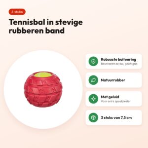 Trixie tennisbal in rubber band natuurrubber 7,5 cm – 3 stuks – voordelen