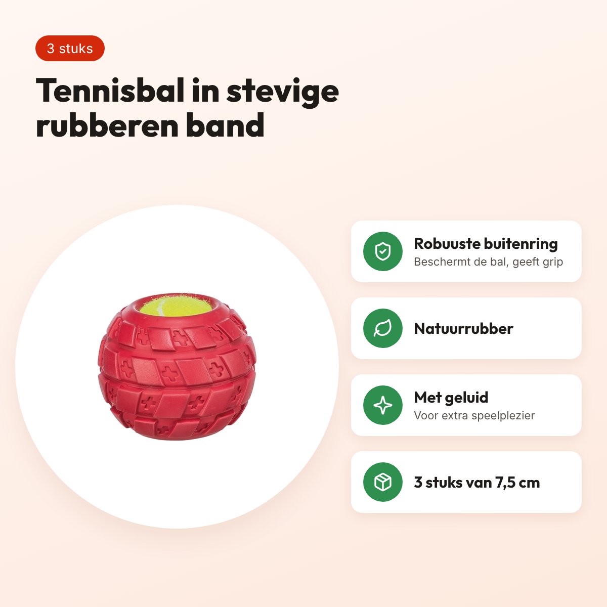Trixie tennisbal in rubber band natuurrubber 7,5 cm – 3 stuks – voordelen