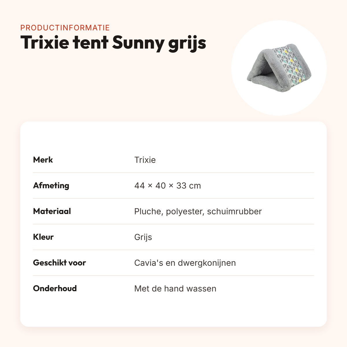 Trixie tent Sunny 44 x 40 x 33 cm – grijs, voor cavia en dwergkonijn – productinformatie