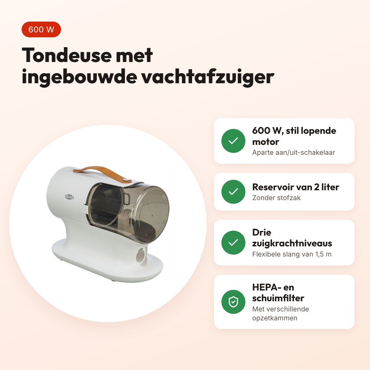 Trixie tondeuse set met vachtafzuiger 600 W – opvangreservoir 2 liter – voordelen