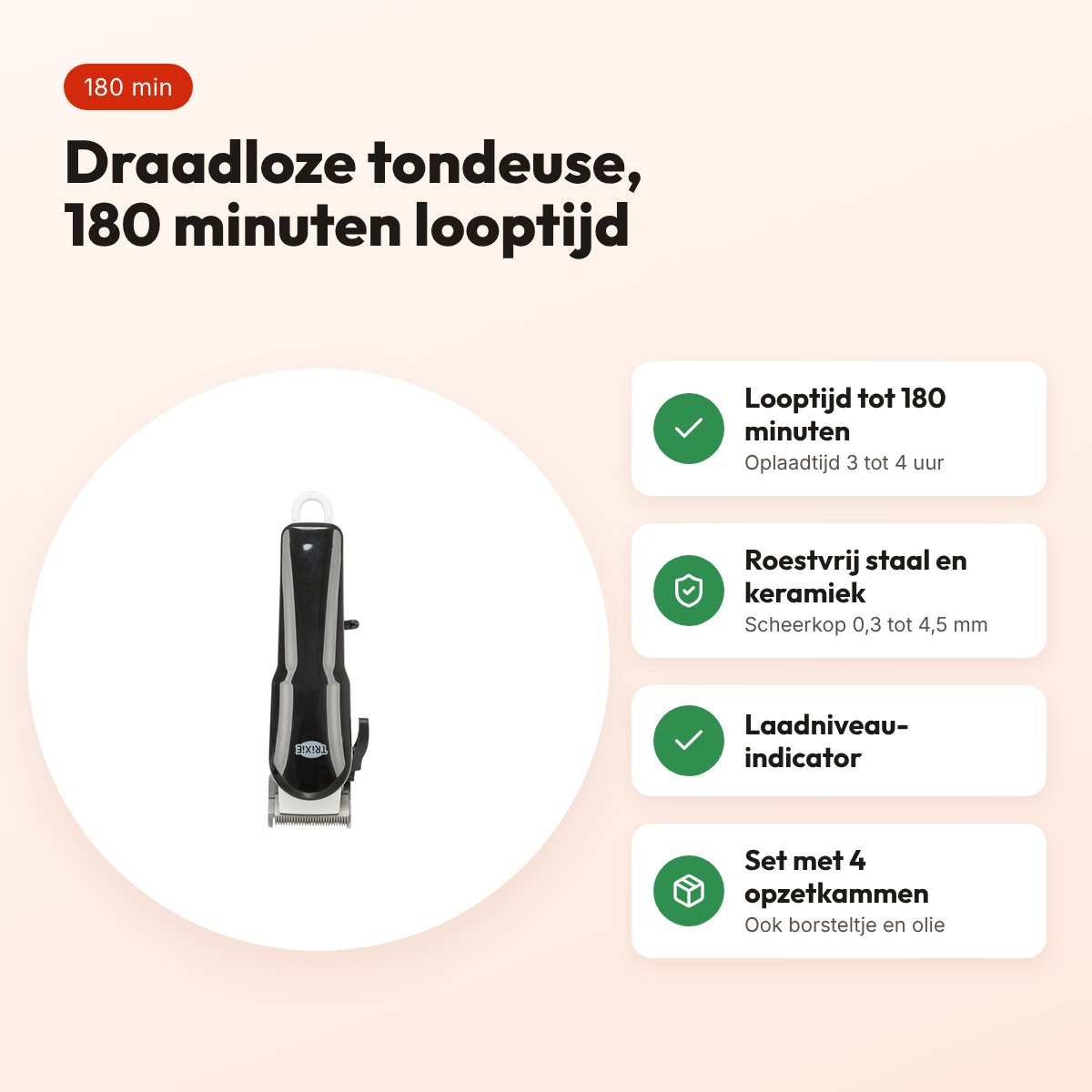 Trixie tondeuse set TR1200 draadloos wit/zwart 10 W – 180 minuten looptijd – voordelen
