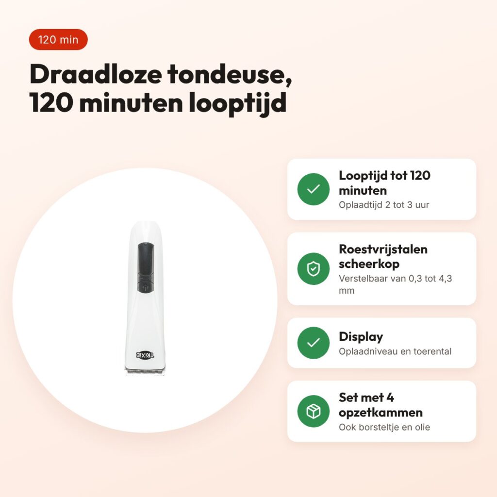 Trixie tondeuse set TR1600 draadloos wit 10 W – 120 minuten looptijd – voordelen