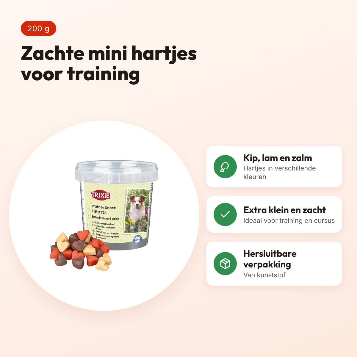 Trixie Trainer Snack mini hartjes 200 g – kip, lam en zalm – voordelen