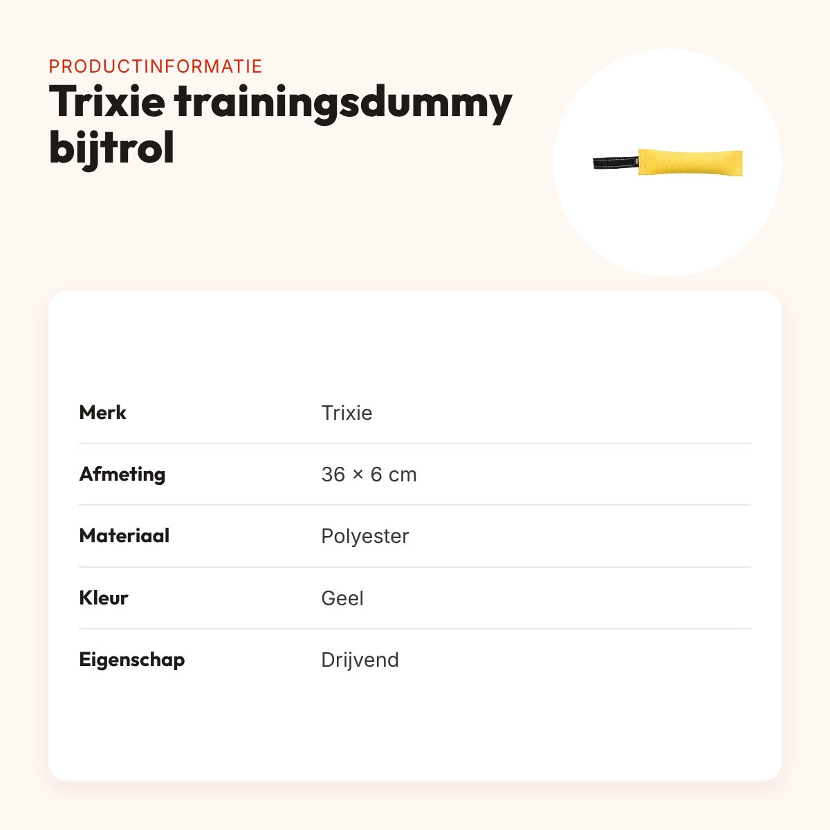Trixie trainingsdummy bijtrol 36 x 6 cm – drijvend, geel – productinformatie