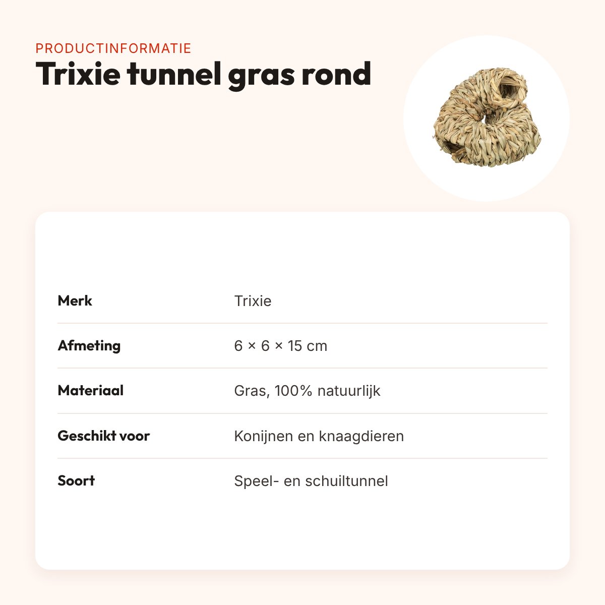 Trixie tunnel gras rond 6 x 6 x 15 cm – voor knaagdieren en konijnen – productinformatie