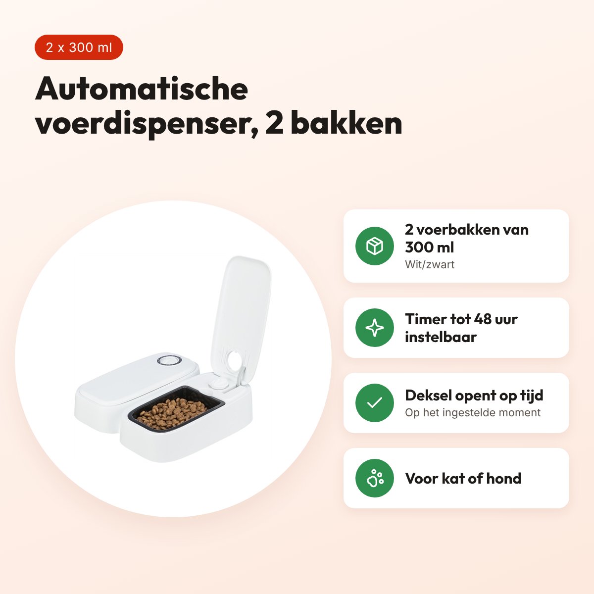 Trixie TX2 automatische voerdispenser 2 x 300 ml – 27 x 24 x 7 cm, antislip – voordelen