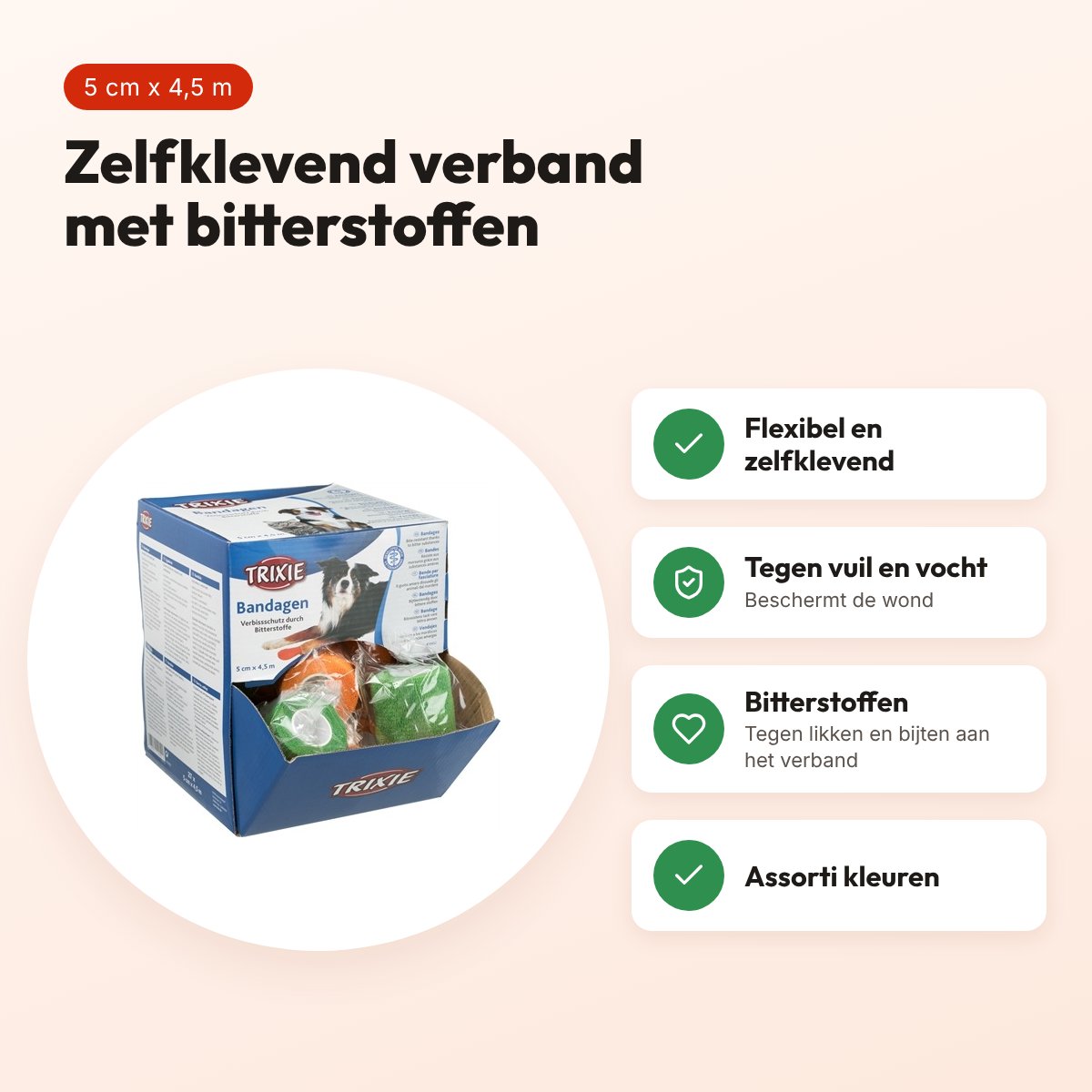Trixie verband met bitterstoffen 5 cm x 4,5 m – assorti, voor hond – voordelen