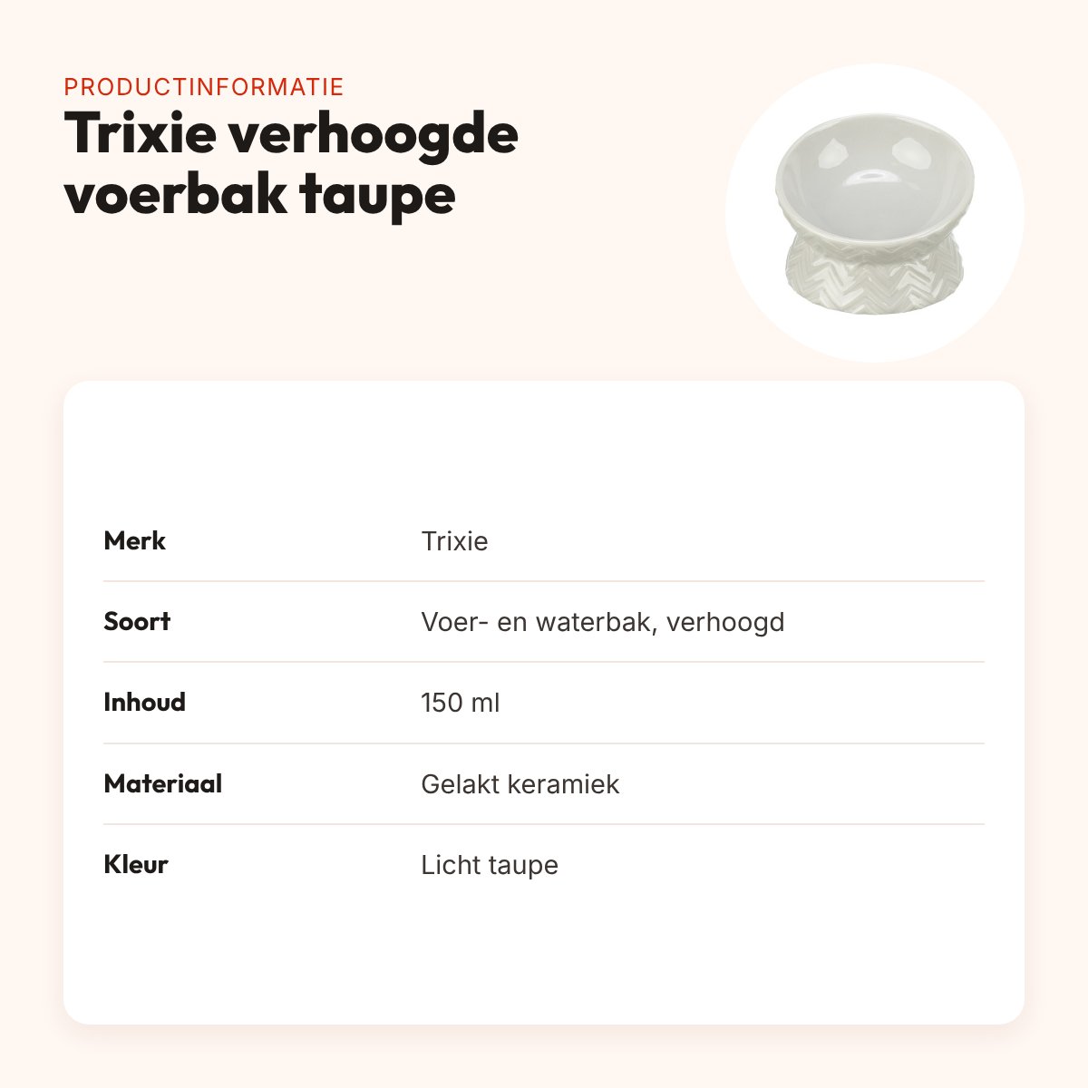 Trixie verhoogde voerbak/waterbak kat keramiek licht taupe 150 ml – productinformatie