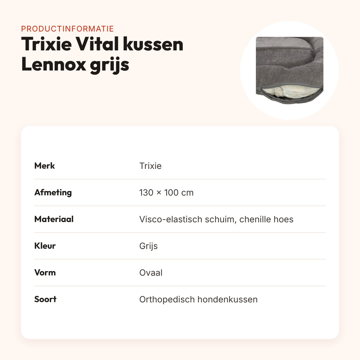 Trixie Vital hondenkussen Lennox ovaal grijs 130 x 100 cm – orthopedisch – productinformatie