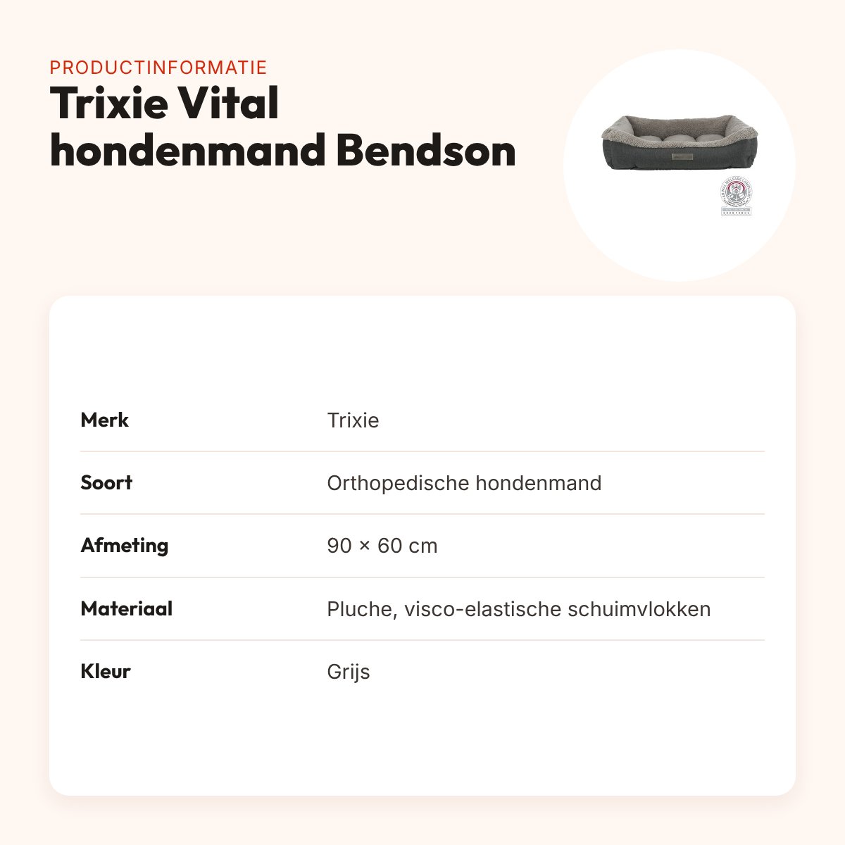 Trixie Vital hondenmand Bendson grijs 90 x 60 cm – orthopedisch – productinformatie