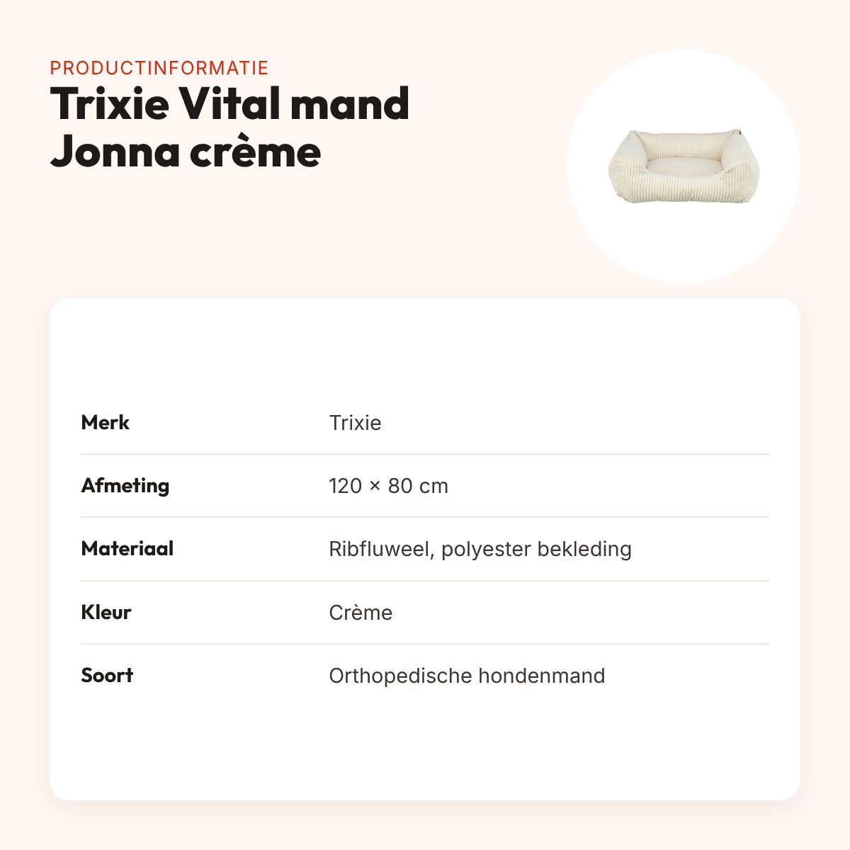 Trixie Vital hondenmand Jonna hoekig ribfluweel crème 120 x 80 cm – productinformatie