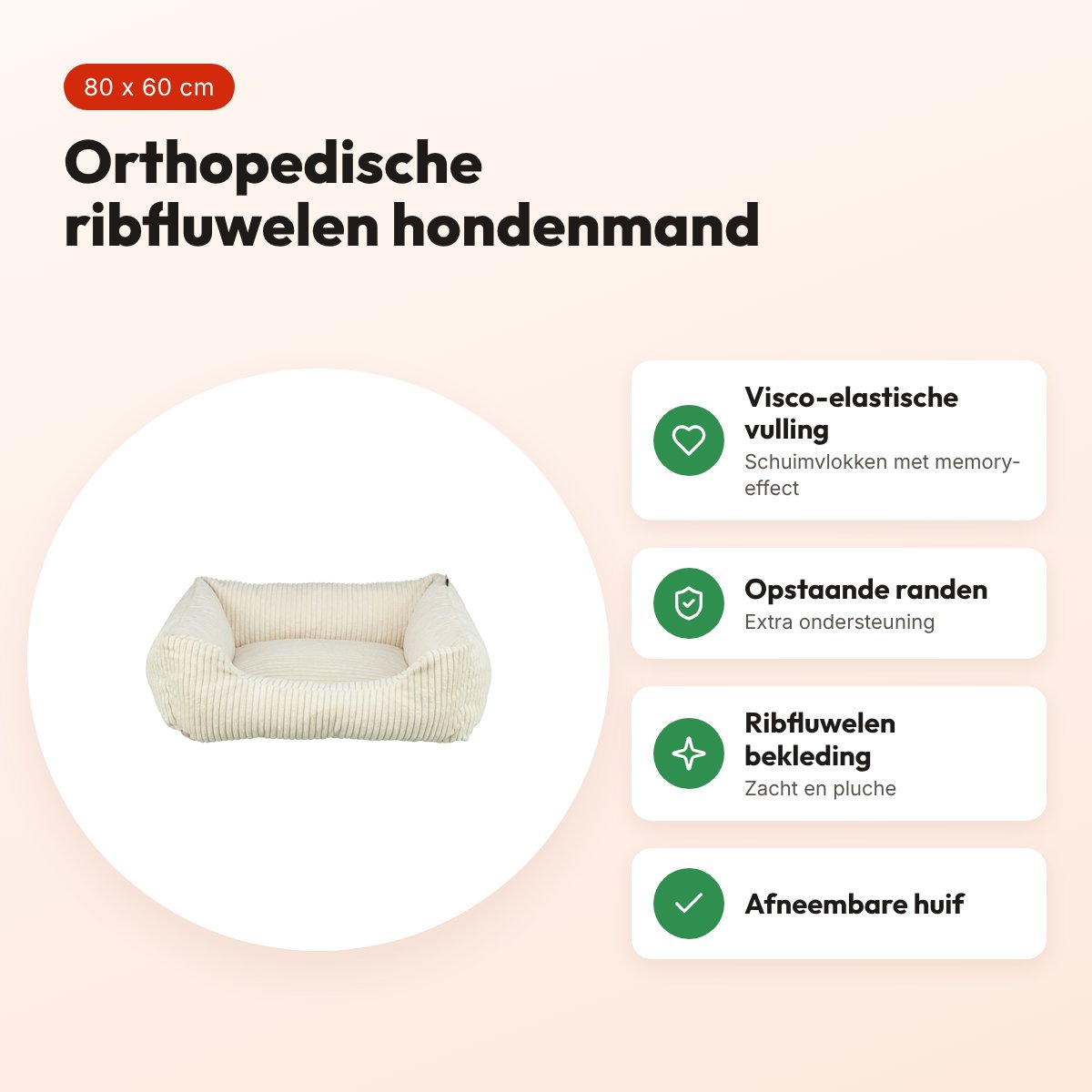 Trixie Vital hondenmand Jonna hoekig ribfluweel crème 80 x 60 cm – voordelen
