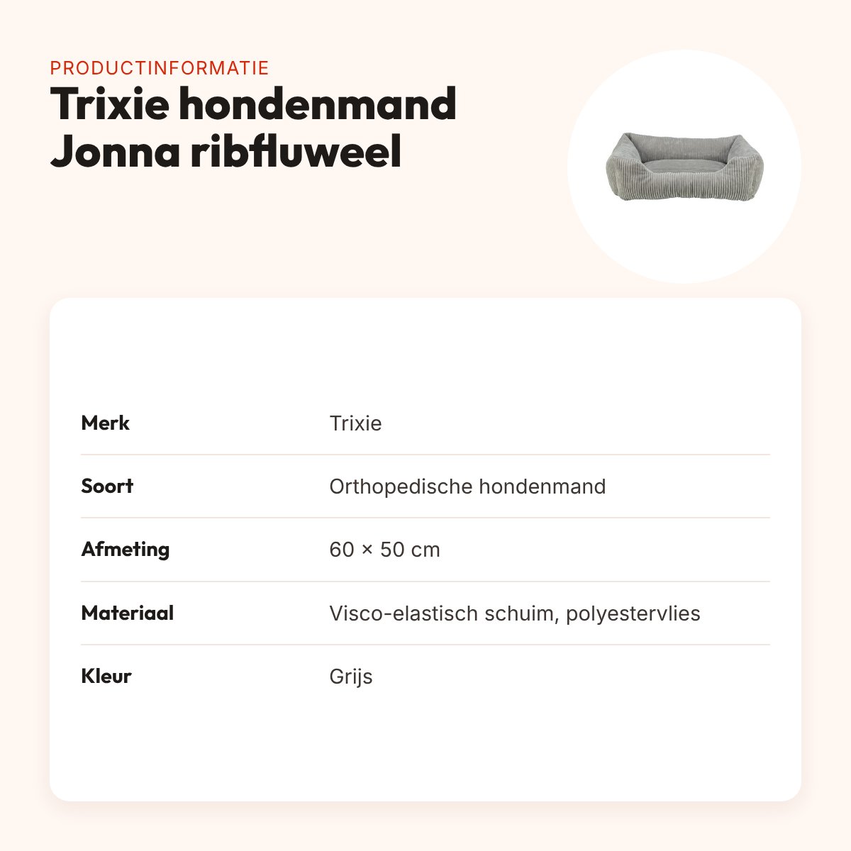 Trixie Vital hondenmand Jonna ribfluweel grijs 60 x 50 cm – orthopedisch – productinformatie