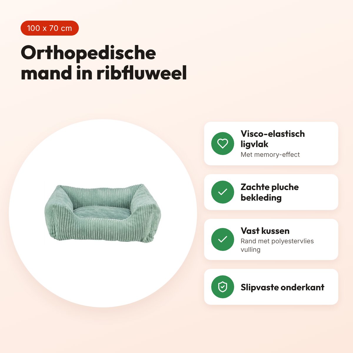 Trixie Vital hondenmand Jonna ribfluweel saliegroen 100 x 70 cm – voordelen