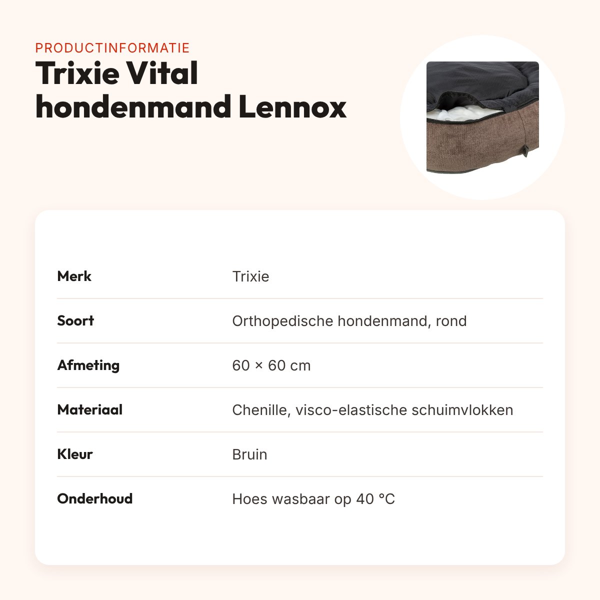 Trixie Vital hondenmand Lennox rond bruin 60 x 60 cm – orthopedisch – productinformatie