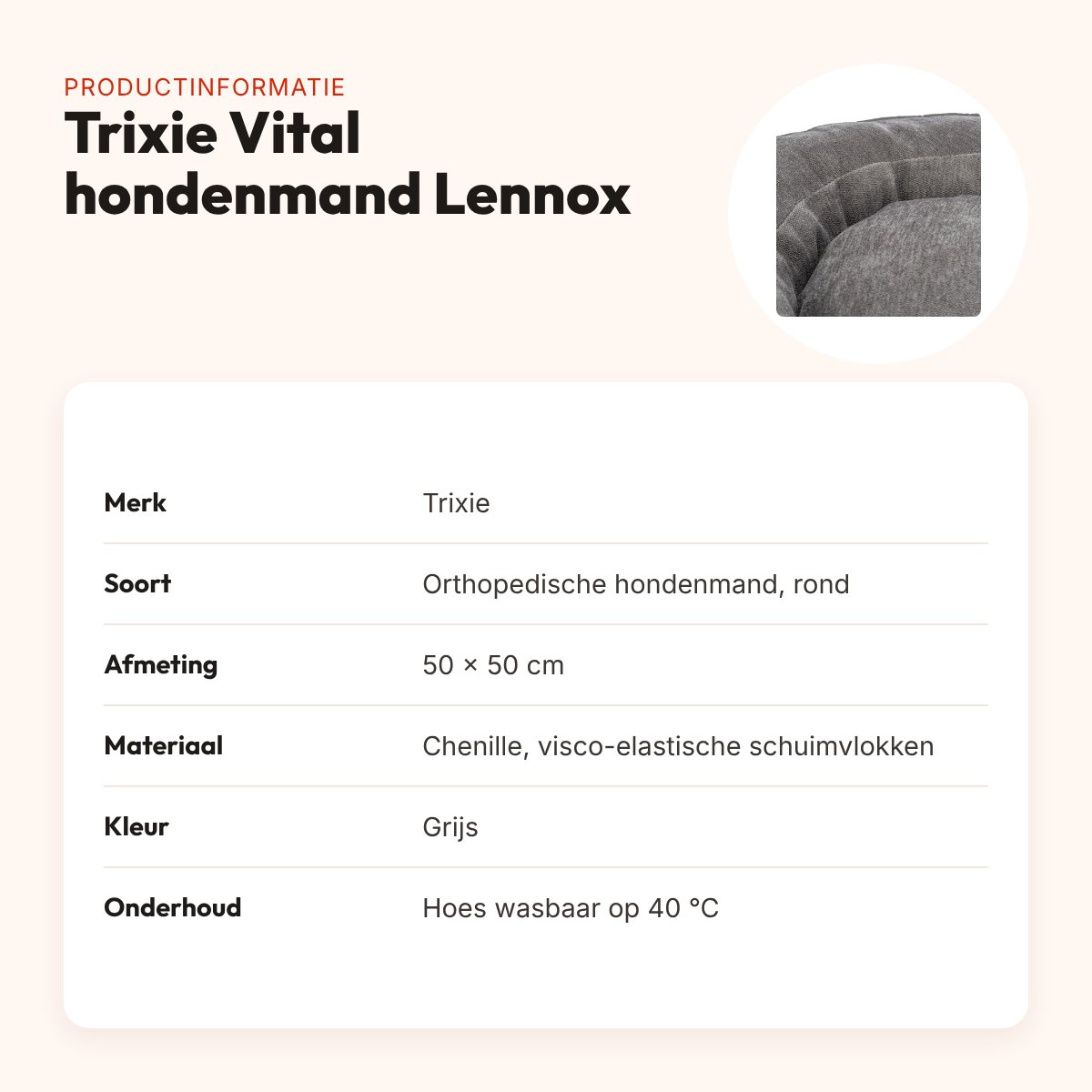 Trixie Vital hondenmand Lennox rond grijs 50 x 50 cm – orthopedisch – productinformatie