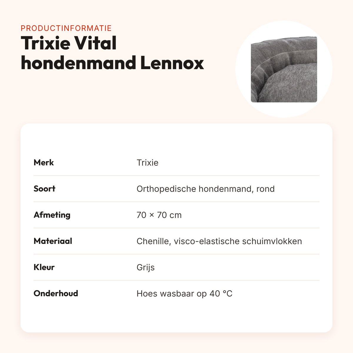 Trixie Vital hondenmand Lennox rond grijs 70 x 70 cm – orthopedisch – productinformatie