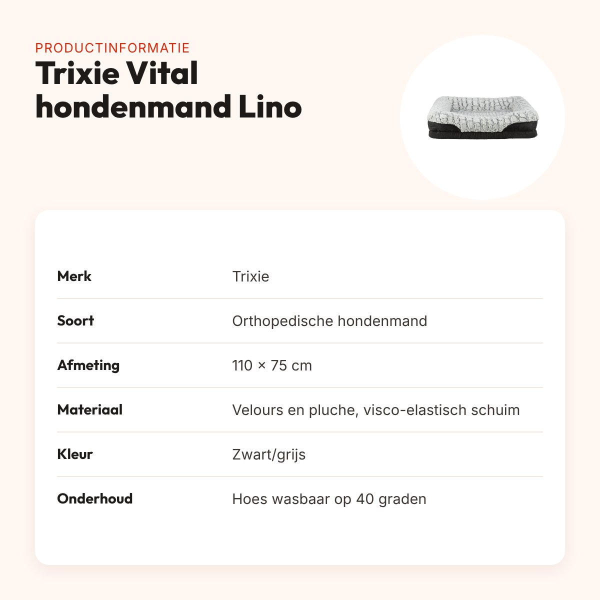Trixie Vital hondenmand Lino hoekig zwart/grijs 110 x 75 cm – orthopedisch – productinformatie