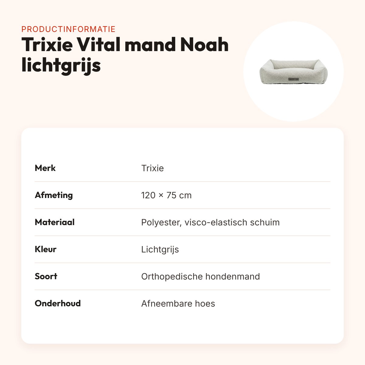 Trixie Vital hondenmand Noah hoekig lichtgrijs 120 x 75 cm – memory foam – productinformatie