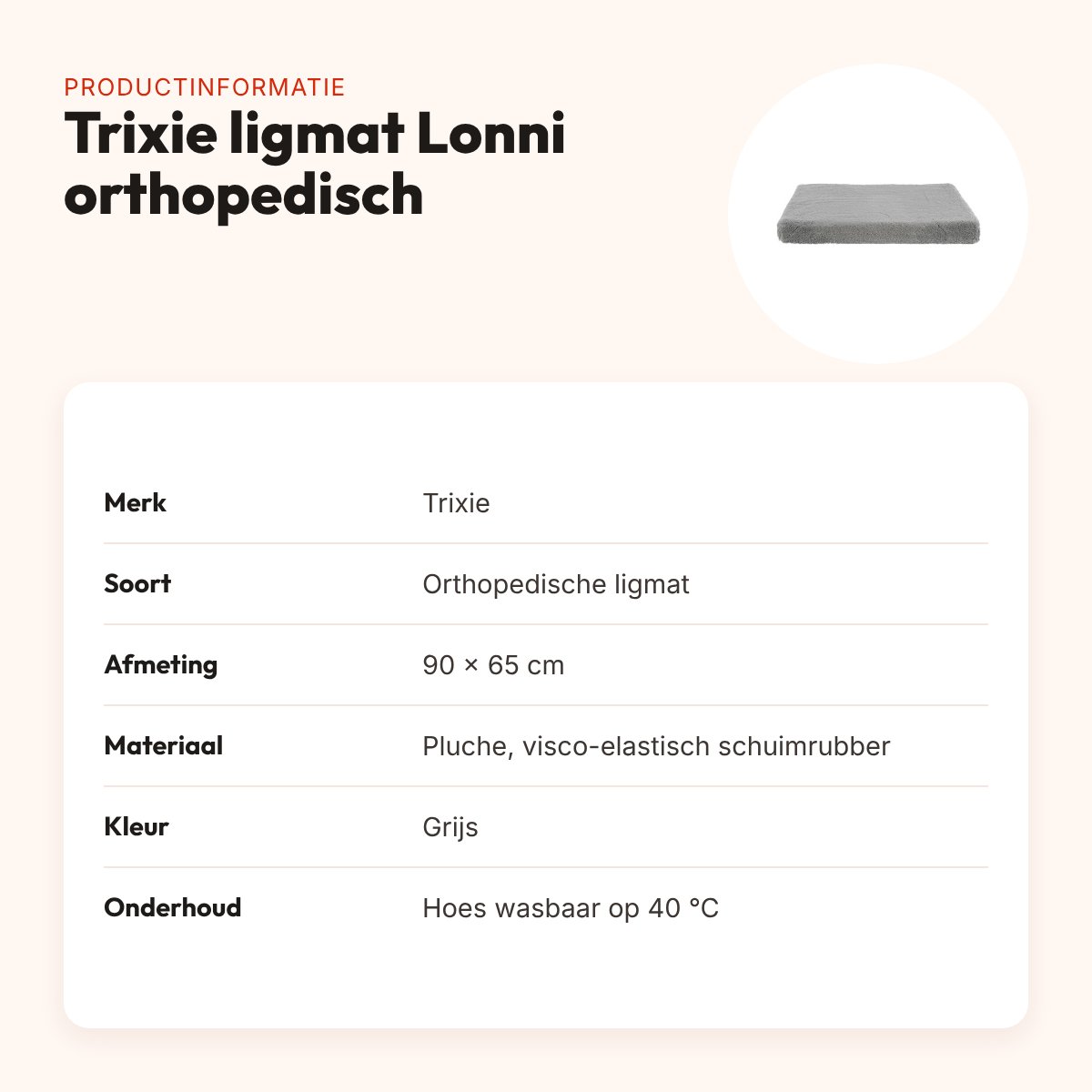 Trixie Vital ligmat Lonni orthopedisch grijs 90 x 65 cm – slipvast – productinformatie