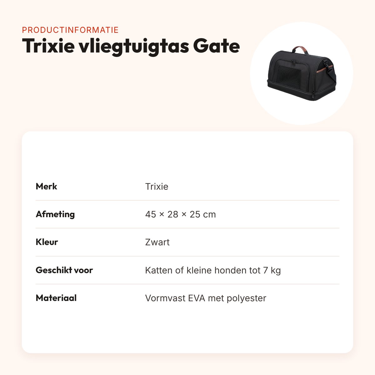 Trixie vliegtuigtas Gate zwart 45 x 28 x 25 cm – voor kat of kleine hond – productinformatie