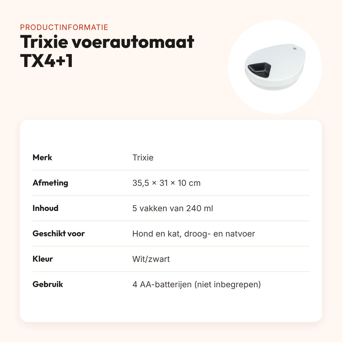 Trixie voederautomaat met koeling TX4+1 (F10) wit/zwart 35,5 x 31 x 10 cm – productinformatie