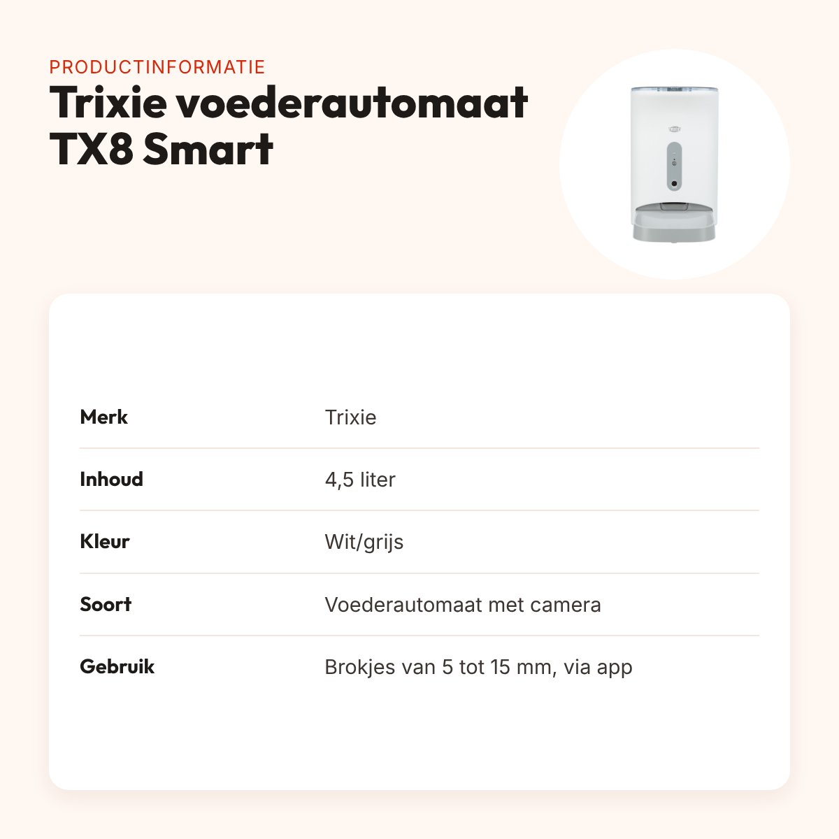 Trixie voederautomaat TX8 Smart 2.0 wit/grijs 4,5 liter – met camera en app – productinformatie