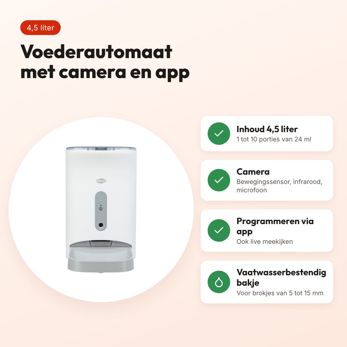Trixie voederautomaat TX8 Smart 2.0 wit/grijs 4,5 liter – met camera en app – voordelen