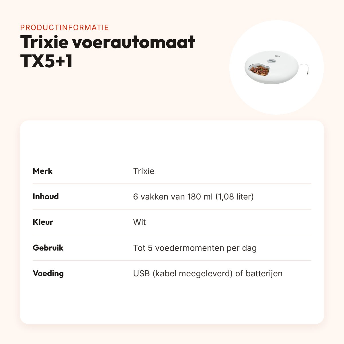Trixie voerautomaat TX5+1 wit – 6 maaltijden van 180 ml – productinformatie
