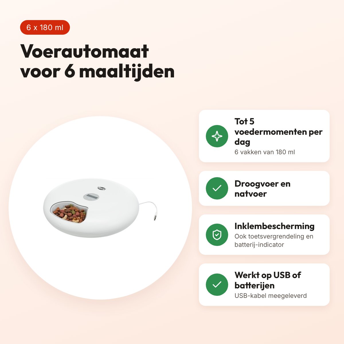 Trixie voerautomaat TX5+1 wit – 6 maaltijden van 180 ml – voordelen