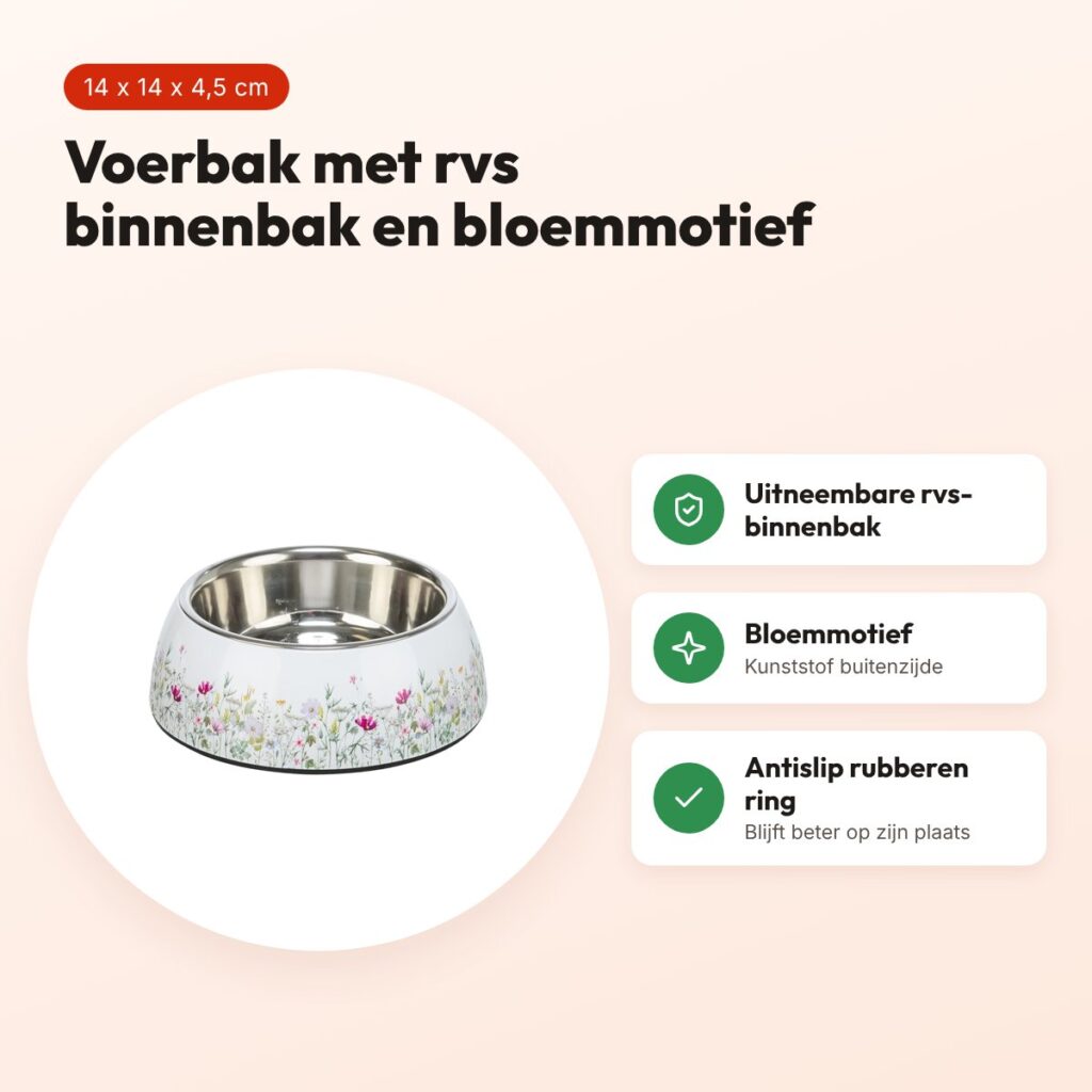 Trixie voerbak/drinkbak bloemmotief rvs wit/meerkleurig 14 x 14 x 4,5 cm – voordelen