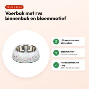 Trixie voerbak/drinkbak bloemmotief rvs wit/meerkleurig 14 x 14 x 4,5 cm – voordelen