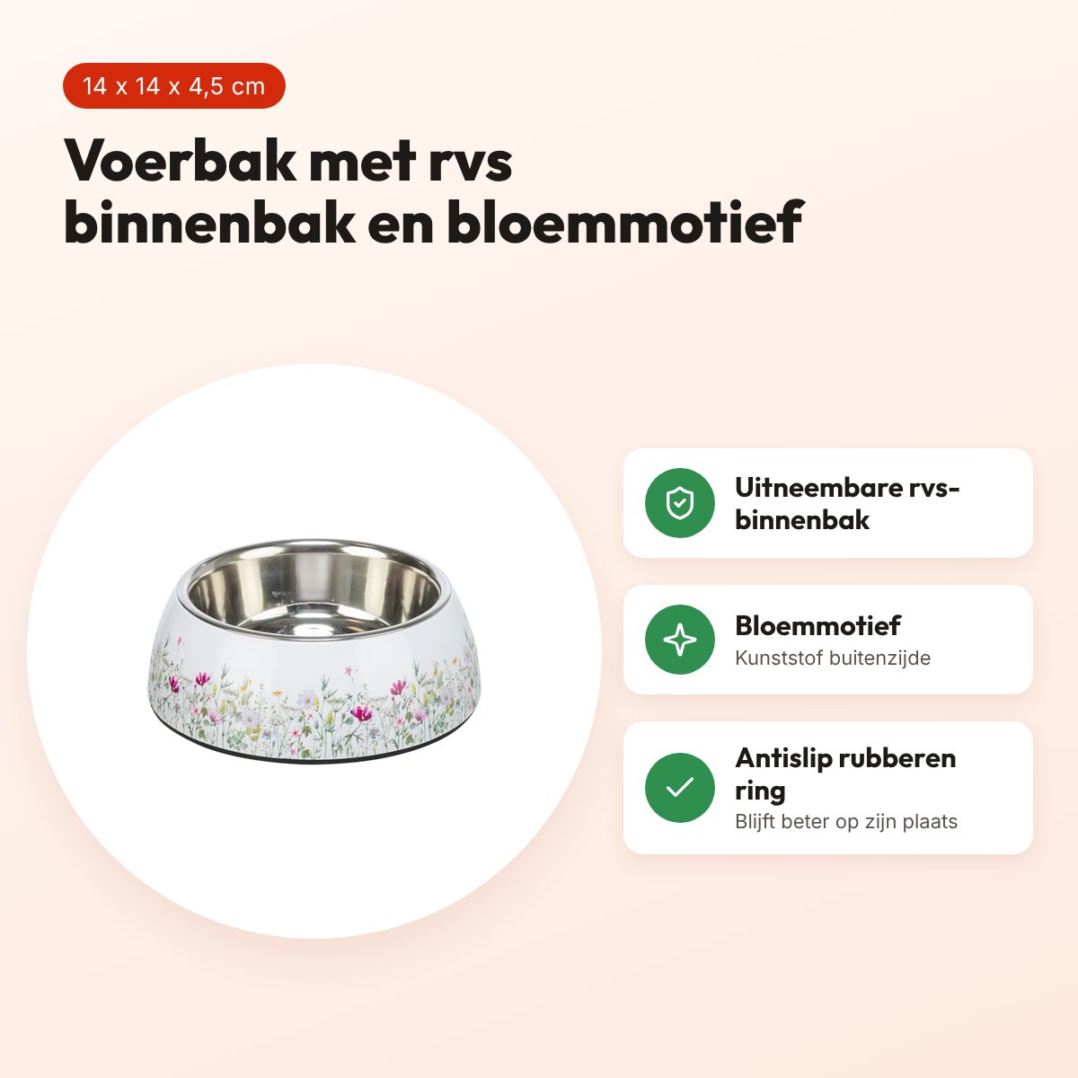 Trixie voerbak/drinkbak bloemmotief rvs wit/meerkleurig 14 x 14 x 4,5 cm – voordelen